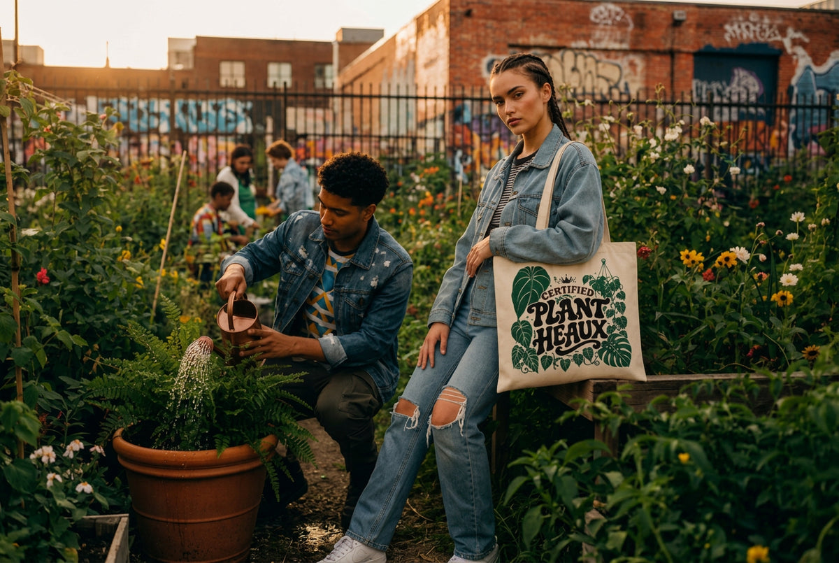 A woman in a denim jacket and jeans sits in a garden holding a canvas tote bag printed with 'The Planty Pouch' in green leaves and black text, while a man waters a potted plant nearby.